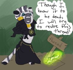 Size: 669x642 | Tagged: safe, artist:anonymous, zecora, pony, g4, /mlp/, 4chan, drawthread, female, glowing, grave, meta, necromancer, necromancy, pentagram, rhyme, solo, text, witch