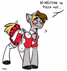 Size: 2183x2314 | Tagged: safe, artist:lrusu, oc, oc only, oc:primitive, oc:sunny (lrusu), pony, clothes, crossdressing, high res, maid, male, meme, pizza hut, pizza hut maid dress, simple background, solo, stallion, white background