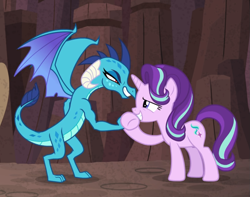 Size: 1123x886 | Tagged: safe, screencap, princess ember, starlight glimmer, dragon, pony, unicorn, celestial advice, g4, cropped, dragoness, duo, female, handshake, holding hands, looking at each other, mare, muscles, predator (franchise), smiling