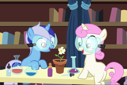 Size: 1400x939 | Tagged: safe, screencap, minuette, twinkleshine, pony, unicorn, celestial advice, g4, beaker, cropped, duo, female, filly, filly minuette, filly twinkleshine, flower, goggles, open mouth, potted plant, smiling