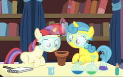 Size: 1350x849 | Tagged: safe, screencap, lemon hearts, moondancer, pony, unicorn, celestial advice, g4, beaker, cropped, cute, duo, female, filly, filly lemon hearts, filly moondancer, glowing horn, goggles, horn, magic, plant pot, smiling, telekinesis, younger