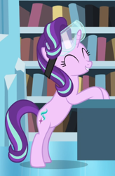 Size: 560x854 | Tagged: safe, screencap, starlight glimmer, pony, unicorn, celestial advice, g4, bipedal, bipedal leaning, cropped, cute, eyes closed, female, glimmerbetes, goggles, leaning, mare, smiling, solo