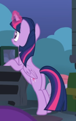 Size: 344x543 | Tagged: safe, screencap, twilight sparkle, alicorn, pony, celestial advice, g4, bipedal, bipedal leaning, cropped, female, glowing horn, horn, leaning, mare, rear view, smiling, solo, twilight sparkle (alicorn)