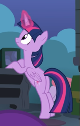 Size: 349x549 | Tagged: safe, screencap, twilight sparkle, alicorn, pony, celestial advice, g4, bipedal, bipedal leaning, cropped, female, glowing horn, horn, leaning, mare, smiling, solo, twilight sparkle (alicorn)