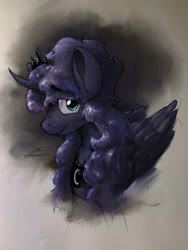 Size: 3000x4000 | Tagged: safe, artist:rigbyh00ves, princess luna, alicorn, pony, g4, bust, curved horn, female, folded wings, horn, looking at you, mare, mixed media, portrait, sketchy, smiling, solo, three quarter view, wings
