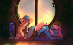 Size: 1600x999 | Tagged: safe, artist:freeedon, aloe, lotus blossom, earth pony, pony, g4, aerobics, duo, female, mare, scenery, siblings, sisters, spa twins, stretching, sunset, window