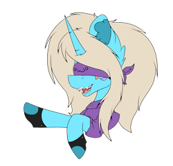 Size: 1104x1061 | Tagged: safe, artist:chazmazda, oc, oc only, pony, unicorn, art, blindfold, bust, cartoon, clothes, commission, commissions open, digital art, ear fluff, fangs, hoof shoes, horn, open mouth, portrait, raised hoof, shirt, simple background, solo, transparent background
