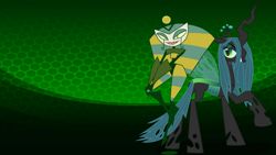 Size: 2208x1242 | Tagged: safe, queen chrysalis, changeling, changeling queen, g4, crossover, duo, female, my life as a teenage robot, vexus, wallpaper