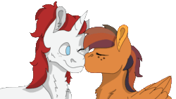 Size: 1920x1080 | Tagged: safe, artist:euspuche, oc, oc only, oc:autumn (darky) nights, oc:valiant heart, pegasus, pony, unicorn, animated, frame by frame, freckles, gif, kissing, looking at each other, simple background, transparent background