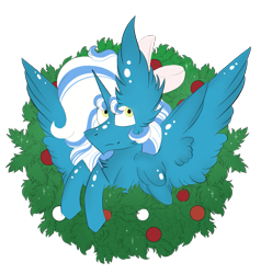 Size: 791x830 | Tagged: safe, artist:hunterthewastelander, oc, oc only, oc:fleurbelle, alicorn, pony, alicorn oc, bow, bust, christmas, christmas wreath, ear fluff, female, hair bow, holiday, horn, mare, simple background, smiling, solo, spread wings, transparent background, wings, wreath, ych result