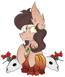 Size: 788x930 | Tagged: safe, artist:hunterthewastelander, oc, oc only, earth pony, pony, bust, candy, ear fluff, earth pony oc, food, jewelry, necklace, pumpkin, simple background, skull, solo, transparent background, ych result