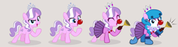 Size: 1900x505 | Tagged: safe, artist:magerblutooth, diamond tiara, earth pony, pony, g4, blue mane, bulb horn, clothes, clown, clown makeup, clown nose, crown, ear piercing, earring, eyes closed, female, filly, happy, honk, jewelry, laughing, looking at you, makeup, open mouth, open smile, piercing, pink background, pleated skirt, raised leg, red nose, regalia, ruff, shirt, shoes, show accurate, simple background, skirt, smiling, solo, story included, tiara, transformation, transformation sequence, wig