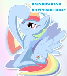 Size: 2100x2400 | Tagged: safe, artist:j5ajj, rainbow dash, pegasus, pony, g4, birthday, cute, female, happy birthday, high res, mare, rainbow dash day, rainbow dash's birthday, salute, sitting, solo