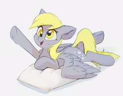 Size: 2500x1964 | Tagged: safe, artist:taneysha, derpy hooves, pegasus, pony, g4, cheek fluff, chest fluff, cute, derpabetes, ear fluff, female, leg fluff, mare, open mouth, pillow, prone, simple background, solo, white background