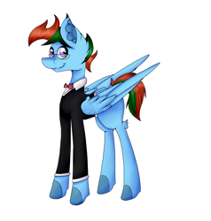 Size: 1283x1349 | Tagged: safe, artist:chazmazda, oc, oc only, pegasus, pony, art, cartoon, clothes, commission, concave belly, digital art, ear fluff, full body, glasses, large wings, long legs, solo, tuxedo, wings