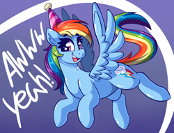 Size: 3376x2582 | Tagged: safe, artist:graphene, rainbow dash, pegasus, pony, g4, backwards cutie mark, birthday, cute, dashabetes, dialogue, female, happy, happy birthday, hat, high res, mare, open mouth, party hat, rainbow dash day, rainbow dash's birthday, smiling, solo, spread wings, text, wings