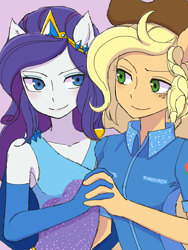 Size: 2448x3264 | Tagged: safe, artist:haibaratomoe, applejack, rarity, equestria girls, g4, my little pony equestria girls: better together, clothes, dress, duo, evening gloves, female, gloves, hat, high res, jewelry, lesbian, long gloves, ship:rarijack, shipping, shirt, simple background, super ponied up, tiara