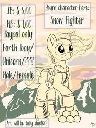 Size: 1706x2262 | Tagged: safe, artist:appleneedle, oc, earth pony, pony, unicorn, auction, commission, digital art, fight, fighter, link, mountain, snow, the legend of zelda, winter, your character here