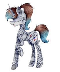 Size: 1200x1442 | Tagged: safe, artist:chazmazda, oc, oc only, pony, unicorn, art, bandage, blindfold, cartoon, commission, commissions open, concave belly, digital art, dock, ear fluff, full body, horn, long legs, mummy, raised hoof, simple background, solo, transparent background, wings