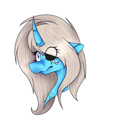 Size: 674x695 | Tagged: safe, artist:chazmazda, oc, oc only, alicorn, pony, art, black sclera, bust, cartoon, commission, commissions open, digital art, eye clipping through hair, eye scar, hair over one eye, horn, mismatched eyes, portrait, scar, simple background, solo, transparent background