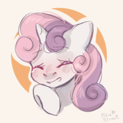 Size: 980x980 | Tagged: safe, artist:elliestuart, sweetie belle, pony, unicorn, g4, abstract background, blushing, bust, circle background, cute, diasweetes, eyes closed, female, filly, portrait, smiling, solo