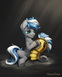 Size: 1592x1968 | Tagged: safe, artist:inowiseei, oc, oc only, oc:cloud zapper, earth pony, pony, crepuscular rays, helmet, male, royal guard, simple background, sitting, solo, stallion