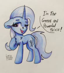 Size: 1280x1463 | Tagged: safe, artist:lazybread, trixie, pony, unicorn, g4, chest fluff, female, floppy ears, great and powerful, mare, one eye closed, sketch, solo, traditional art