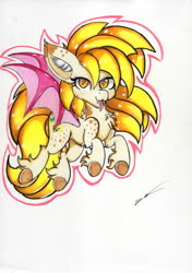 Size: 4920x6972 | Tagged: safe, artist:luxiwind, oc, oc only, oc:lemon fang, bat pony, pony, absurd resolution, female, mare, solo, tongue out, traditional art