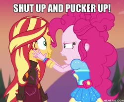 Size: 600x492 | Tagged: safe, edit, edited screencap, screencap, pinkie pie, sunset shimmer, equestria girls, equestria girls specials, g4, my little pony equestria girls: better together, my little pony equestria girls: sunset's backstage pass, caption, cropped, face grab, female, geode of empathy, geode of sugar bombs, image macro, lesbian, magical geodes, meme, memeful.com, music festival outfit, ship:sunsetpie, shipping, text