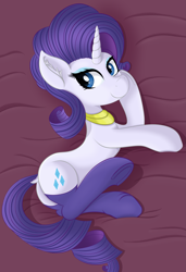 Size: 3031x4420 | Tagged: safe, artist:sethisto, rarity, pony, unicorn, g4, bed, clothes, dock, female, jewelry, mare, on side, smiling, socks, solo