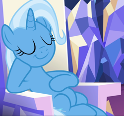 Size: 1004x938 | Tagged: safe, screencap, trixie, pony, unicorn, all bottled up, g4, belly, cropped, eyes closed, female, friendship throne, hoof on belly, mare, sitting, smug, solo, twilight's castle