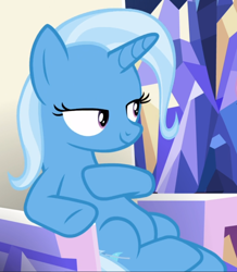 Size: 818x938 | Tagged: safe, screencap, trixie, pony, unicorn, all bottled up, g4, belly, cropped, female, friendship throne, lidded eyes, mare, sitting, smiling, smug, solo, twilight's castle