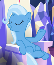 Size: 689x819 | Tagged: safe, screencap, trixie, pony, unicorn, all bottled up, g4, belly, cropped, eyes closed, female, friendship throne, mare, sitting, smiling, smug, solo, underhoof