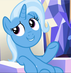 Size: 914x940 | Tagged: safe, screencap, trixie, pony, unicorn, all bottled up, g4, belly, cropped, female, friendship throne, mare, raised hoof, sitting, smiling, solo, underhoof