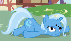 Size: 1394x803 | Tagged: safe, screencap, trixie, pony, unicorn, all bottled up, g4, circling stars, cropped, derp, dizzy, female, mare, prone, solo, underhoof