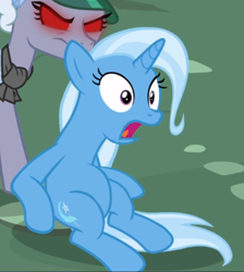 Size: 630x704 | Tagged: safe, screencap, trixie, pony, unicorn, all bottled up, g4, belly, cropped, female, mare, open mouth, scared, sitting