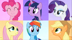 Size: 1666x938 | Tagged: safe, screencap, applejack, fluttershy, pinkie pie, rainbow dash, rarity, twilight sparkle, alicorn, earth pony, pegasus, pony, unicorn, all bottled up, g4, best friends until the end of time, cropped, cute, eyes closed, female, freckles, group, lidded eyes, looking at each other, mane six, mare, smiling, twilight sparkle (alicorn)