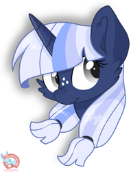 Size: 755x988 | Tagged: safe, artist:rainbow eevee, oc, oc only, oc:silverlay, original species, pony, umbra pony, unicorn, female, freckles, gray eyes, hello, not twilight sparkle, pigtails, simple background, smiling, solo, transparent background