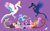 Size: 1923x1189 | Tagged: safe, artist:albertonykus, applejack, discord, fluttershy, pinkie pie, princess celestia, princess luna, rainbow dash, rarity, spike, starlight glimmer, twilight sparkle, dinosaur, maniraptor, g4, dinosaurified, mane seven, mane six, my little maniraptor, purple background, simple background, species swap