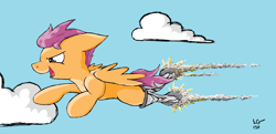 Size: 2128x1032 | Tagged: safe, artist:lucas_gaxiola, scootaloo, pegasus, pony, g4, amputee, cloud, female, filly, flying, open mouth, prosthetic limb, prosthetics, signature, solo