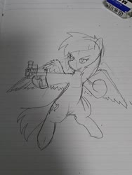 Size: 1080x1440 | Tagged: safe, artist:omegapony16, oc, oc only, oc:oriponi, pegasus, pony, bipedal, eraser, female, gun, hoof hold, irl, lineart, lined paper, mare, photo, smiling, smirk, solo, traditional art, weapon