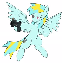 Size: 2025x2048 | Tagged: safe, alternate version, artist:omegapony16, oc, oc only, oc:oriponi, pegasus, pony, bipedal, colored, female, gun, high res, hoof hold, mare, pegasus oc, simple background, smiling, smirk, solo, weapon, white background, wings