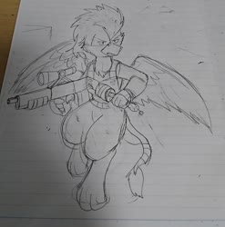 Size: 1080x1095 | Tagged: safe, artist:omegapony16, oc, oc only, griffon, armor, clothes, griffon oc, gun, lined paper, soldier, solo, traditional art, vest, weapon
