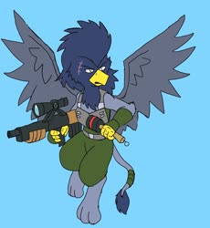 Size: 1888x2048 | Tagged: safe, alternate version, artist:omegapony16, oc, oc only, griffon, armor, clothes, colored, flying, griffon oc, gun, scar, soldier, solo, vest, weapon