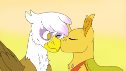 Size: 1920x1080 | Tagged: safe, artist:euspuche, gilda, oc, oc:ren the changeling, changedling, changeling, griffon, g4, animated, canon x oc, cute, frame by frame, gilren, kissing, looking at each other, ych result, yellow changeling