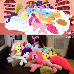 Size: 1680x1680 | Tagged: safe, artist:kp-shadowsquirrel edits, artist:ponimalion, applejack, fluttershy, pinkie pie, rainbow dash, rarity, twilight sparkle, alicorn, earth pony, pegasus, pony, unicorn, g4, bed, cuddle puddle, cuddling, cute, defictionalization, golden oaks library, irl, library, mane six, photo, pillow, pony pile, sleeping, twilight sparkle (alicorn), unicorn twilight, weapons-grade cute