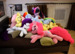 Size: 4759x3456 | Tagged: safe, artist:ponimalion, applejack, fluttershy, pinkie pie, rainbow dash, rarity, twilight sparkle, g4, bed, cuddle puddle, cuddling, cute, irl, mane six, photo, pillow, pony pile, sleeping, weapons-grade cute