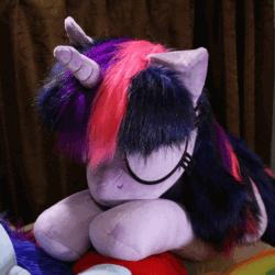 Size: 600x600 | Tagged: safe, artist:ponimalion, twilight sparkle, pony, g4, animated, cute, ear flick, floppy ears, gif, irl, photo, pillow, plushie, sleeping, stop motion