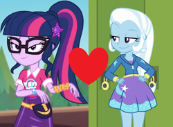 Size: 1352x990 | Tagged: safe, edit, edited screencap, screencap, sci-twi, trixie, twilight sparkle, equestria girls, equestria girls specials, g4, my little pony equestria girls: better together, my little pony equestria girls: forgotten friendship, my little pony equestria girls: sunset's backstage pass, female, geode of telekinesis, glasses, hand on hip, lesbian, magical geodes, music festival outfit, ship:sci-twixie, ship:twixie, shipping, shipping domino