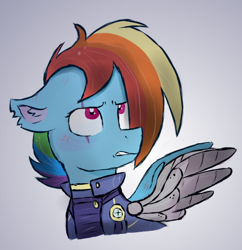 Size: 576x594 | Tagged: safe, artist:honneymoonmlp, rainbow dash, pegasus, pony, g4, alternate timeline, amputee, apocalypse dash, artificial wings, augmented, crystal war timeline, female, mare, prosthetic limb, prosthetic wing, prosthetics, solo, sombraverse, torn ear, wings